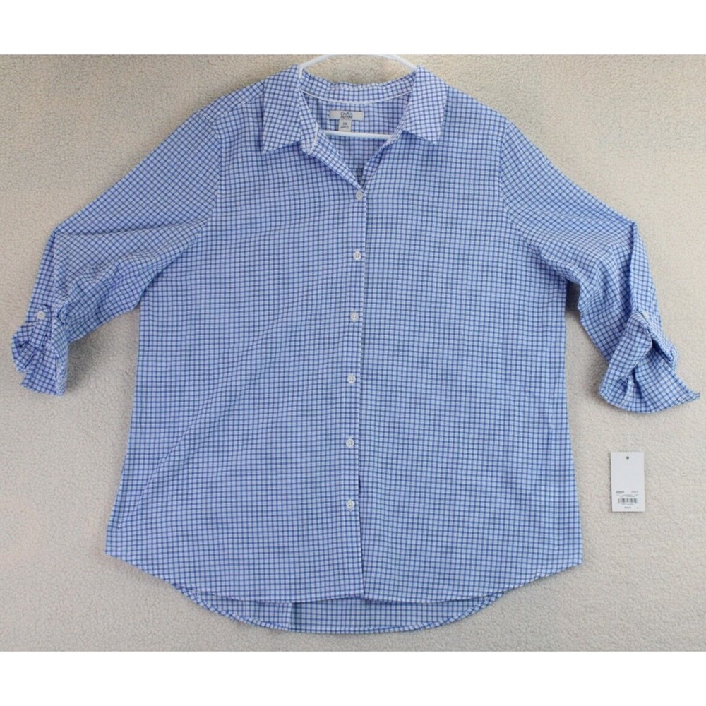 Croft & Barrow Blue Gingham Check Button Down Shirt XXL Roll Tab Sleeve